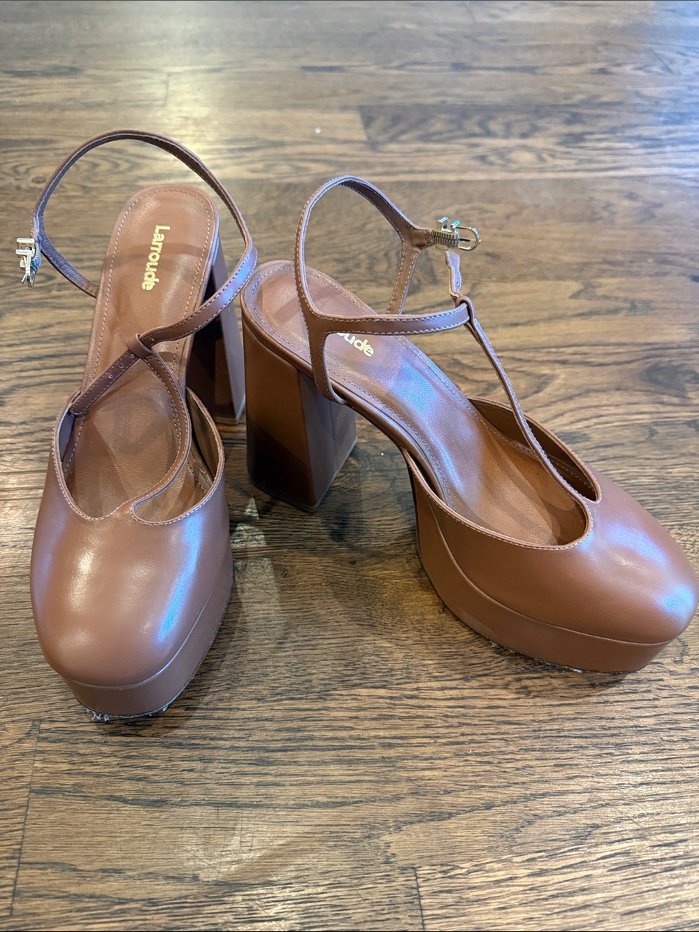 Larroude Tan/Brown Platform T-Strap Block Heels